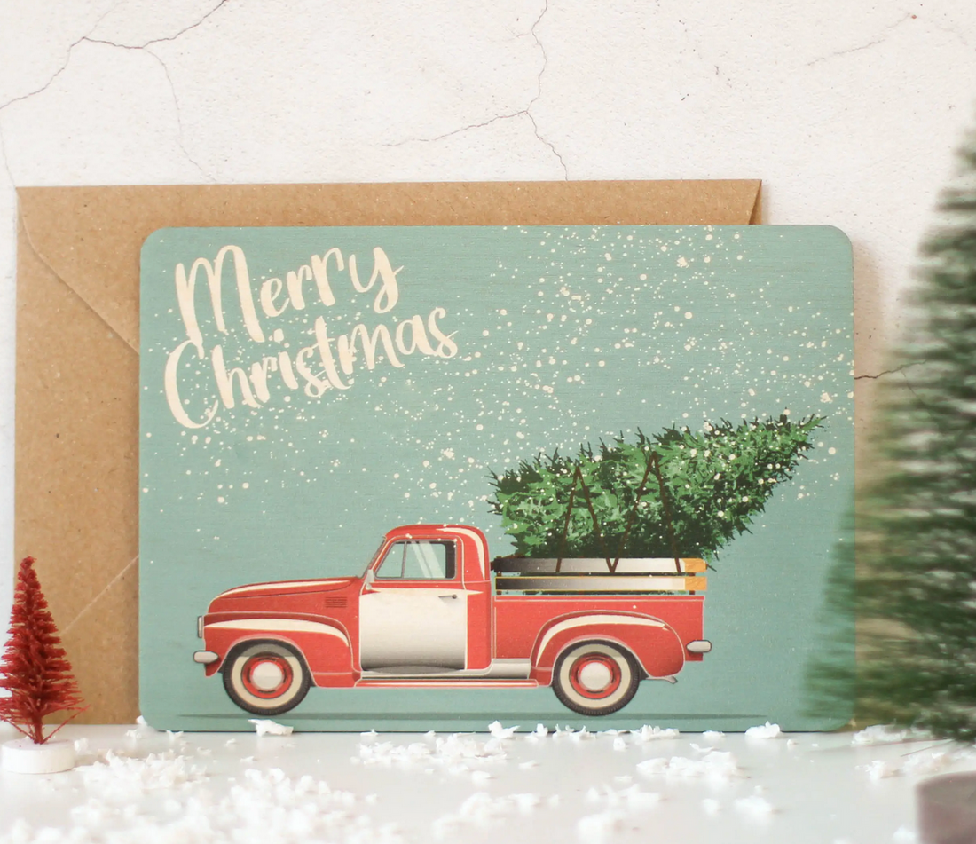 Wood Christmas Card - Retro Car