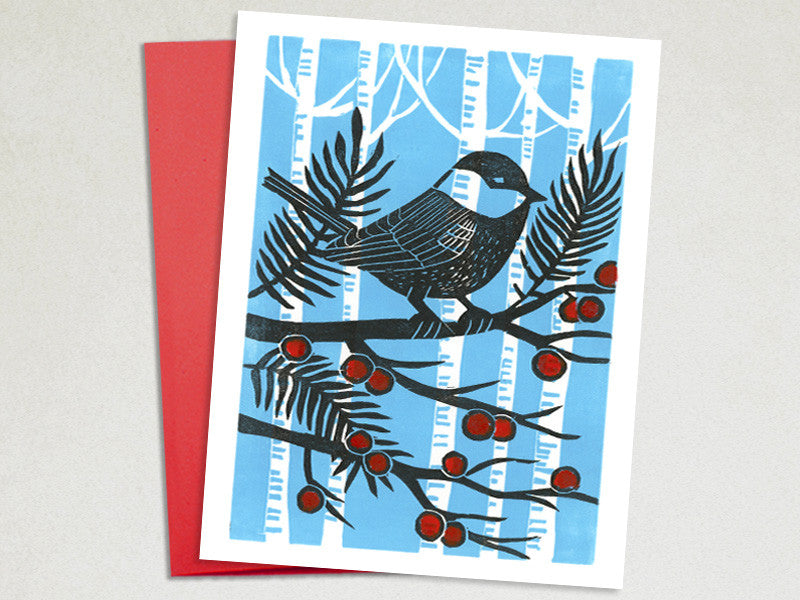Christmas Card- Chickadee - Handmade Cards - Linocut
