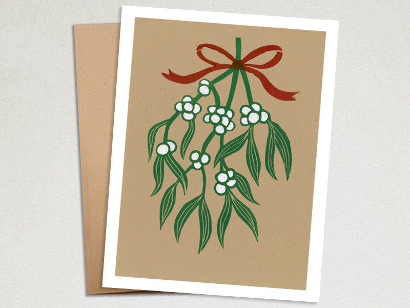 Christmas Card - Mistletoe Holiday Card - Linocut