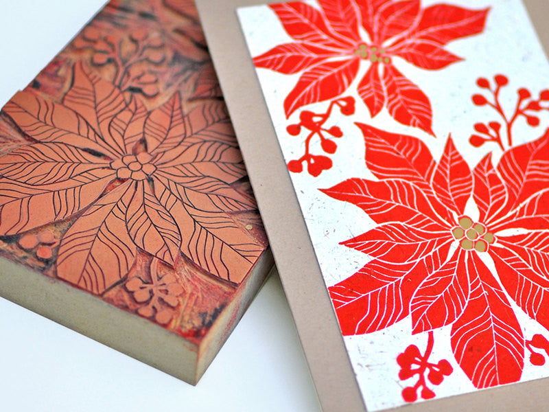 Handmade Christmas Card - Poinsettia - Linocut - The Imagination Spot - 1