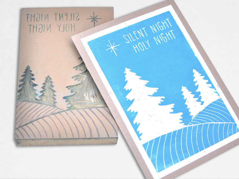 Christmas Tree Card - Silent Night Holiday Card - Linocut